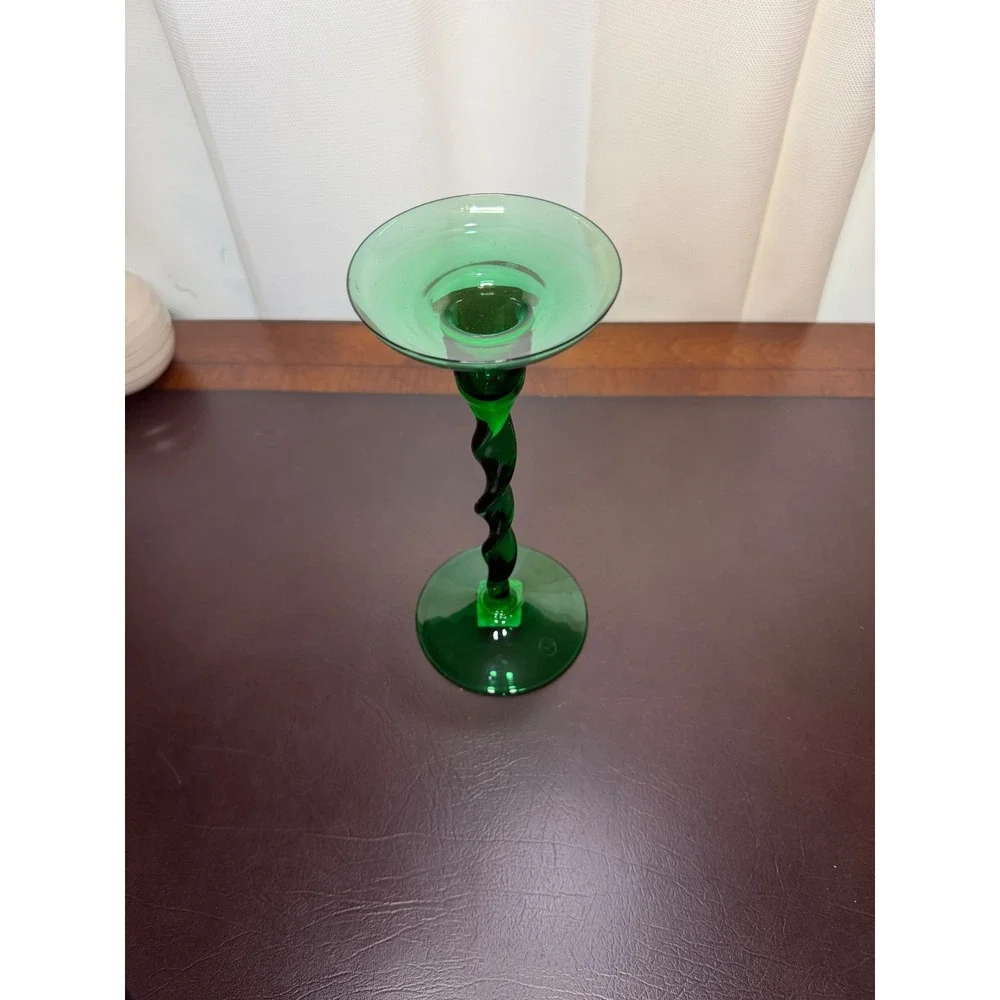 Emerald Green Glass Spiral Twist Stem Candlestick Holder Mid Century Modern 9.5